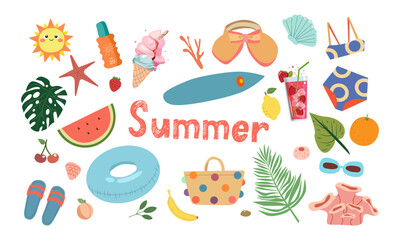 Set of cute summer icons: food, drinks, palm leaves, fruits and summer fashion . Bright summertime poster. Collection of scrapbooking elements for beach party. - obrazy, fototapety, plakaty