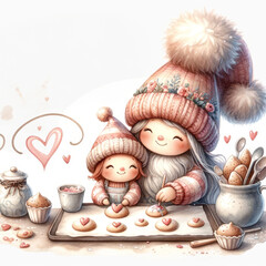 A cute cartoon illustration of a mother and daughter baking cookies together