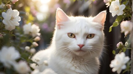 Naklejka na ściany i meble Showcasing the beauty of See Less, a charming street featured a white cat with captivating eyes peering out from the background of blooming flowers. The gentle light shining through the trees framed t