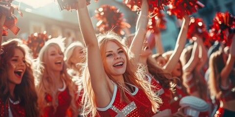 Obraz premium A group of cheerleaders are standing in a row, all wearing red uniforms