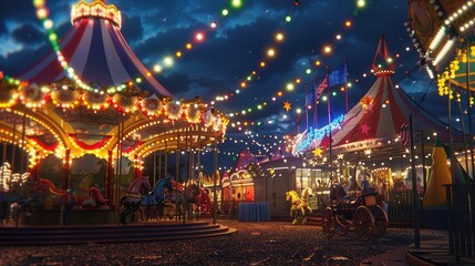 A festive carnival bustling with energy and excitement, with colorful tents, carousel rides, and games of chance delighting visitors of all ages amidst a cacophony of music and laughter - obrazy, fototapety, plakaty