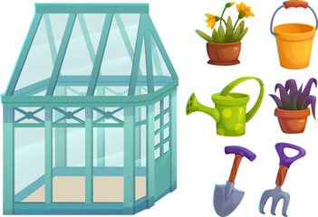 Obraz premium Tools and stuff for gardening and greenhouse. Cartoon vector set of agriculture equipment and supply - house with glass walls, plants and flowers in pot, shovel and rake, watering can and bucket.