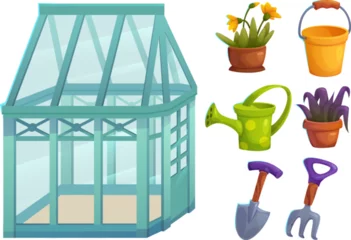Gordijnen Tools and stuff for gardening and greenhouse. Cartoon vector set of agriculture equipment and supply - house with glass walls, plants and flowers in pot, shovel and rake, watering can and bucket. © klyaksun