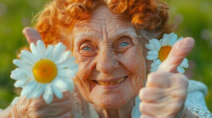 A Joyous Elderly Woman with Daisies