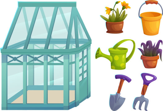 Tools and stuff for gardening and greenhouse. Cartoon vector set of agriculture equipment and supply - house with glass walls, plants and flowers in pot, shovel and rake, watering can and bucket.