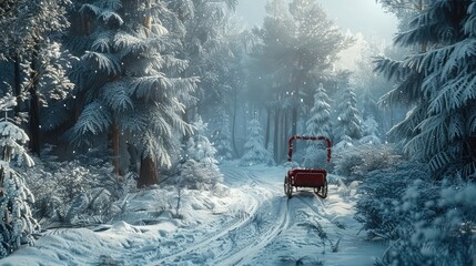 A festive sleigh ride through a snowy forest, the sound of jingle bells echoing through the crisp winter air. 8k, realistic, full ultra HD, high resolution, and cinematic - obrazy, fototapety, plakaty