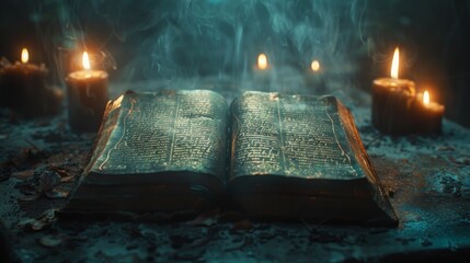 Witch spell book opens to a cloud of smoke and ethereal lights that allude to magic and archaic knowledge. - obrazy, fototapety, plakaty
