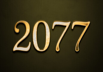 Old gold effect of 2077 number with 3D glossy style Mockup.	 - obrazy, fototapety, plakaty