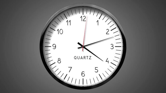 Classic wall clock on gray background - 4 to 5 o clock - 3D 4k animation (3840 x 2160 px)