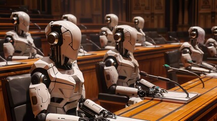 A panel of robots simulating a jury deliberates in a courtroom, depicting the integration of AI into judicial processes.