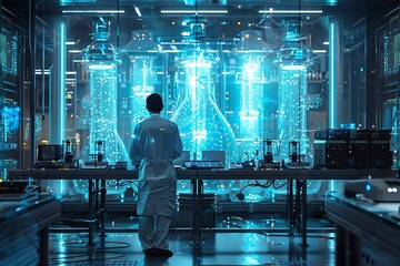 a futuristic biotech laboratory with a advanced bioreactors with glowing green liquid
