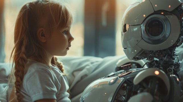 A happy kid sitting on sofa with AI Robot babysitter depiction the blend of future technology with everyday urban life