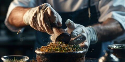 A man is grinding spices in a mortar and pestle