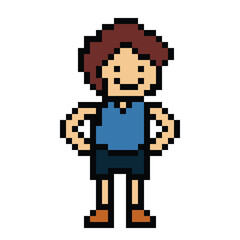 Cute pixel cartoon 8bit character man exercises training alone lifestyle vector for decoration life style 8 bit male boy exercise gym fitness warm up game fitness vector.
