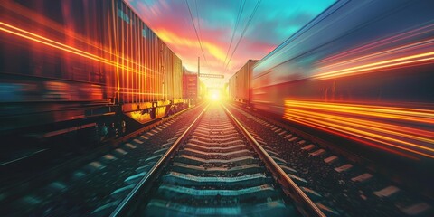 A train is traveling down a track with a sunset in the background