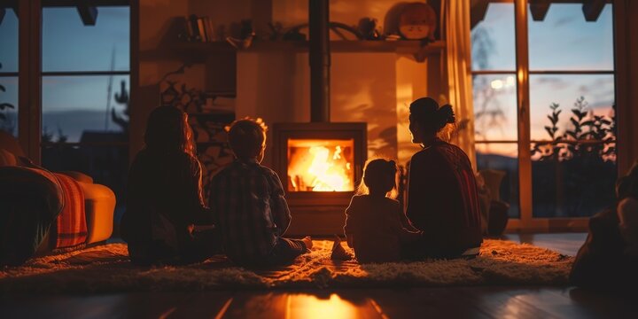Family are sitting in front of a fireplace