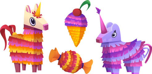 Mexican pinata game icon for birthday party vector. Mexico carnival candy game for holiday. Isolated icecream and unicorn traditional paper gift set. Festival handcraft toys with sweets collection - obrazy, fototapety, plakaty