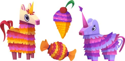 Gordijnen Mexican pinata game icon for birthday party vector. Mexico carnival candy game for holiday. Isolated icecream and unicorn traditional paper gift set. Festival handcraft toys with sweets collection © klyaksun