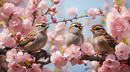 Little birds, sparrows perched on a branch in a sunny May garden, encircled by pink apple blossoms