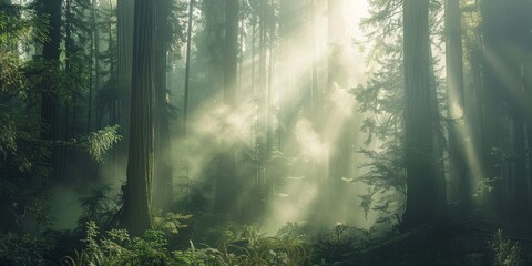 Obraz premium A forest with sunlight shining through the trees