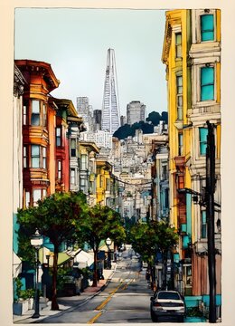 beautiful pen and ink sketch of san francisco, minimalist, colored