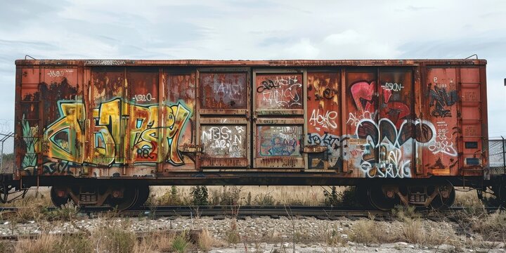 A rusty train car covered in graffiti