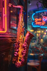Saxophone bathed in the vibrant neon lights of a jazz club creating a moody and colorful atmosphere...