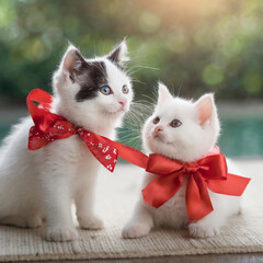 빨간리본을 한 두 마리의 고양이들은 마치 사랑에 빠진 것마냥 서로를 바라보고있다. - obrazy, fototapety, plakaty