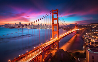 Fototapeta na wymiar The Golden Gate Bridge is lit up at night