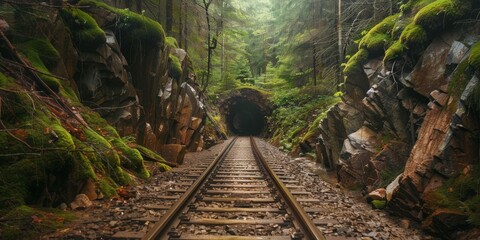 A tunnel in a forest with a train track