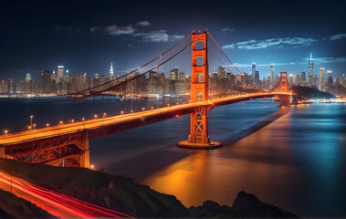 Obraz premium The Golden Gate Bridge is lit up at night