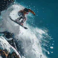 Naklejka premium Action shot of a snowboarder in mid air after jumping off a cliff with a dynamic spray of snow splash action scene
