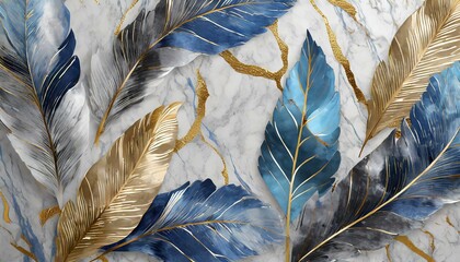 Blue, golden, white wall art, marble background with feather designs , wall decoration