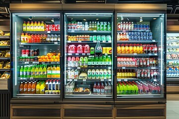 modern refrigerator display in a grocery store with bright, white internal lighting - obrazy, fototapety, plakaty