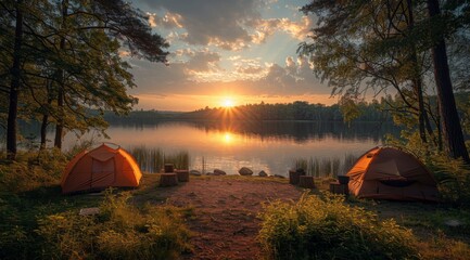 Fototapeta na wymiar Lakeside Camping at Sunset