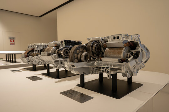 Shenzhen, Guangdong, China - Apr 8, 2024: Xiaomi SU7 EV motors, HyperEngine V8s (right), V6s, and V6, are displayed at one of Xiaomi Auto's delivery centers in Shenzhen, Guangdong Province, China.