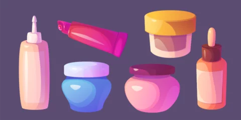  Face and body skincare cosmetic products. Cartoon vector illustration set of bottle and container with cleansing supplies. Daily health care and beauty hygiene routine cream, lotion and moisturizer. © klyaksun