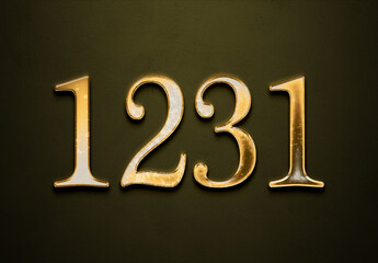 Old gold effect of 1231 number with 3D glossy style Mockup.	