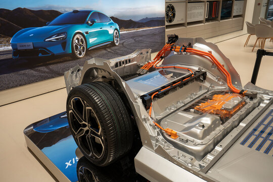 Shenzhen, Guangdong, China - Apr 8, 2024: The chassis of Xiaomi's new SU7 EV is displayed at Xiaomi Auto's delivery center in Shenzhen, Guangdong Province, China.