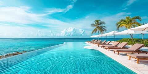 A pool with a beach setting and umbrellas