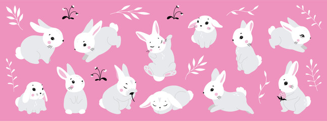 Cute white rabbit in various poses. Rabbit animal icon isolated on background. For Moon Festival, Chinese Lunar Year of the Rabbit, Easter decor. White Easter bunny, hare. Wild animals, baby animals