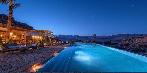 A pool with a view of the mountains and a tree