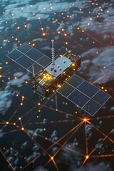 Futuristic telecom satellite with holographic data for global internet and gps connectivity