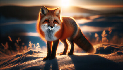A striking image of a red fox in the wild, with its rich orange fur illuminated by the golden light of the setting sun. The fox is standing on a snowy - obrazy, fototapety, plakaty