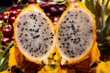 Yellow ripe dragon fruit pitaya,  tasty tropical exotic fruits close up