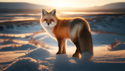 A full body of a red fox standing in a snowy landscape during golden hour, with soft sunlight casting a warm glow on its orange fur - obrazy, fototapety, plakaty