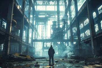 an engineer standing inside an immense, abandoned industrial complex - obrazy, fototapety, plakaty