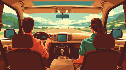 Two people family couple on vacation car road trip. C - obrazy, fototapety, plakaty