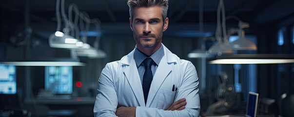 Doctor with crossed arms against blured clinic background. - obrazy, fototapety, plakaty