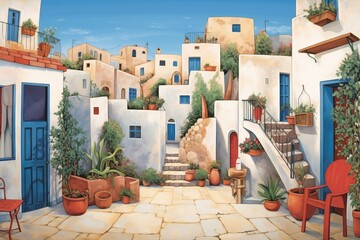Santorini island, Greece,  Street view,  Digital painting - obrazy, fototapety, plakaty
